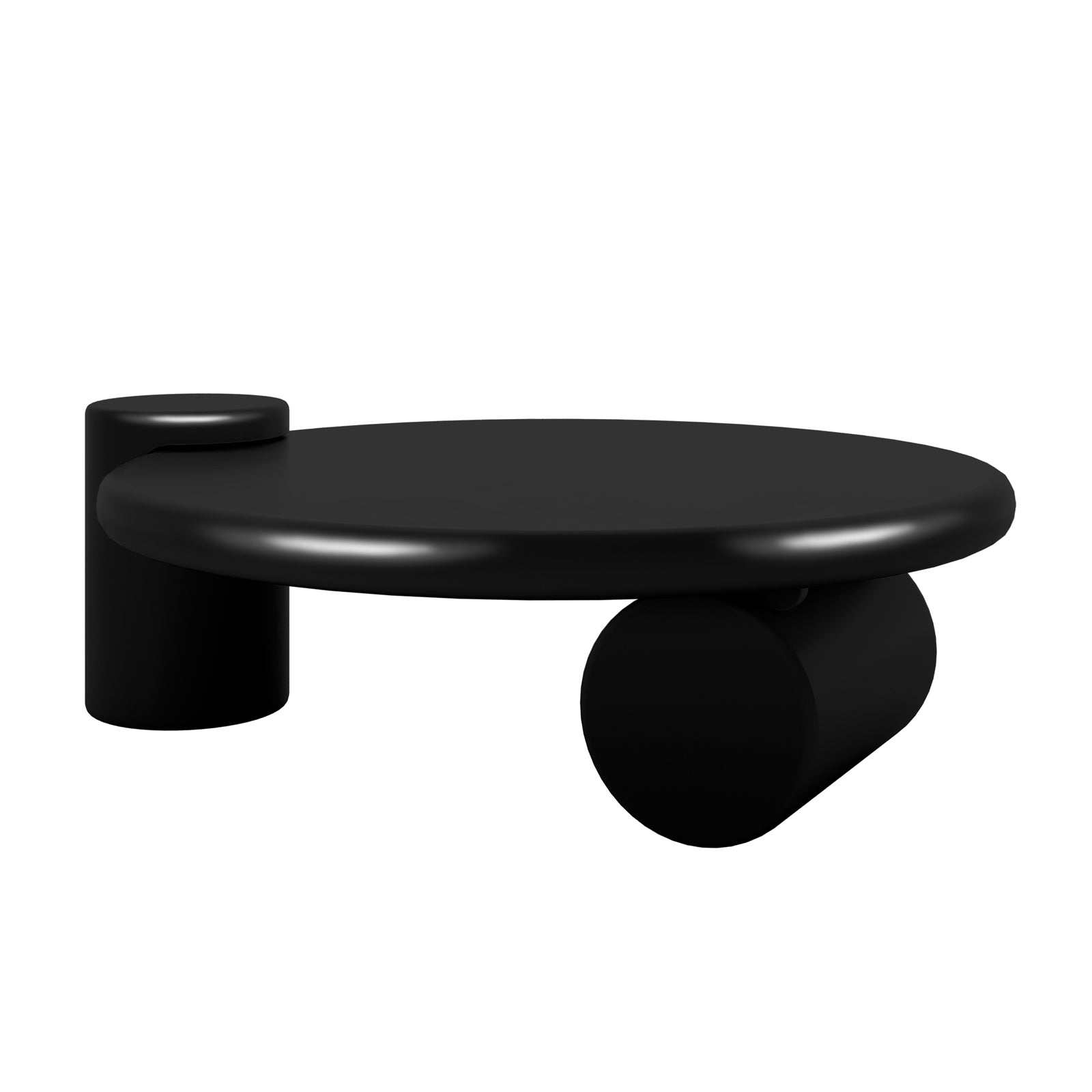 Nando 100cm Modern Round Coffee Table in Black featuring a matte-black top with two chunky cylindrical supports, one vertical, one horizontal, creating a minimalist, sculptural look in a 3D-rendered design.