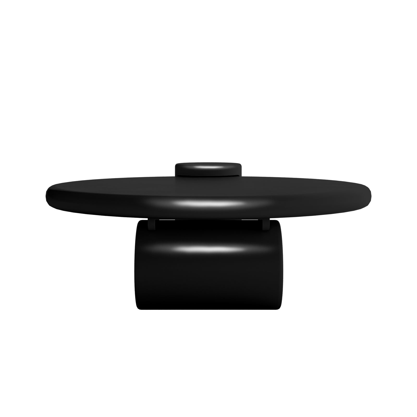 3-D render of a simple, black display stand with a flat circular top and short cylindrical base, resembling a plinth for showcasing small products or models, complementing the Nando 100cm Modern Round Coffee Table.