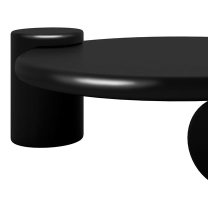 Nando 100cm Modern Round Coffee Table in Black featuring a minimalist design with a round tabletop and two cylindrical legs, all in a smooth matte-black finish, set against a white background.