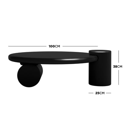 Nando 100cm Modern Round Coffee Table in Black, featuring a matte black tabletop with a 100 cm diameter, supported by two solid cylindrical legs, one vertical and one horizontal, each 25 cm in diameter.