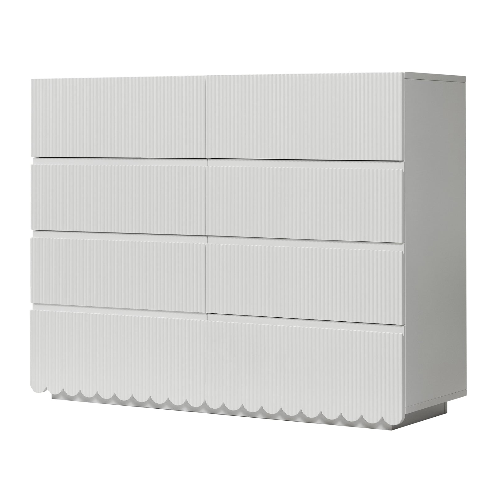 Nasrin 120cm Lowboy Dresser with Drawers in White featuring eight fluted textured drawers, scalloped bottom edge, sleek design, and soft-close mechanisms, ideal for stylish bedroom storage.