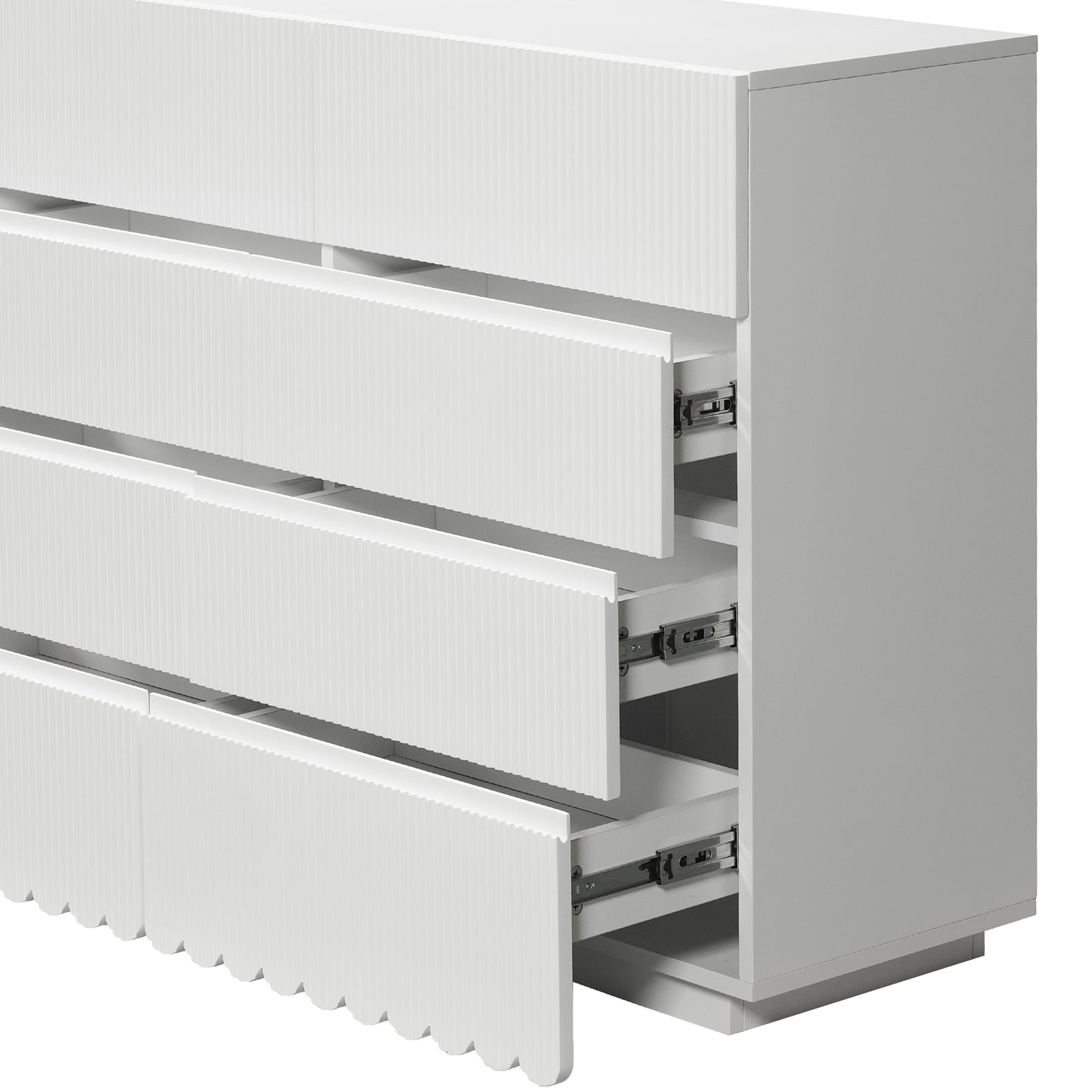 Nasrin 120cm Lowboy Dresser with Drawers in White, featuring four horizontal drawers with subtly ribbed panels, two partially open, highlighting its sleek design and ample storage capabilities.