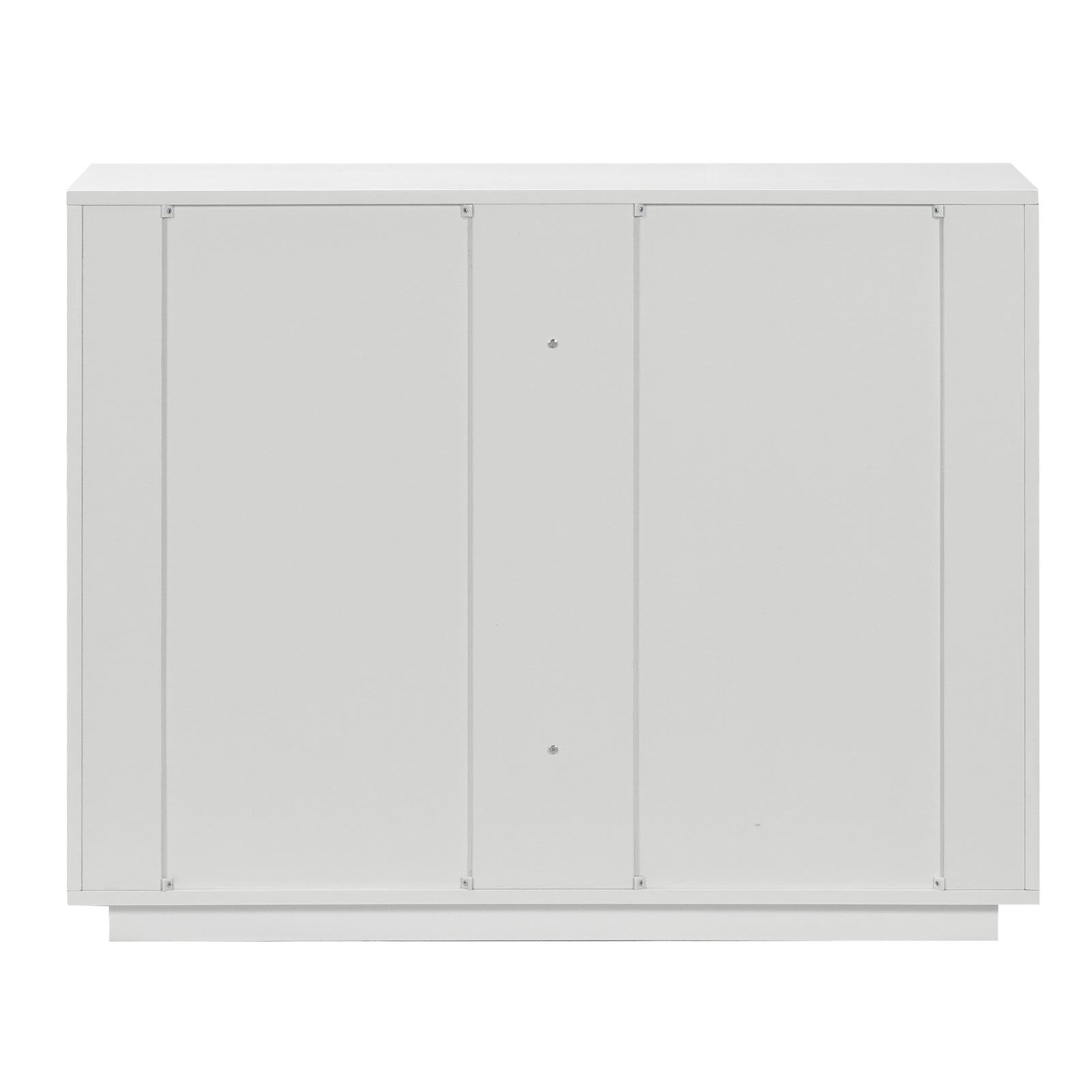 Nasrin 120cm Lowboy Dresser with Drawers in White, featuring a modern design with three vertical panel sections, providing sleek and ample storage for bedrooms with its eight spacious drawers.