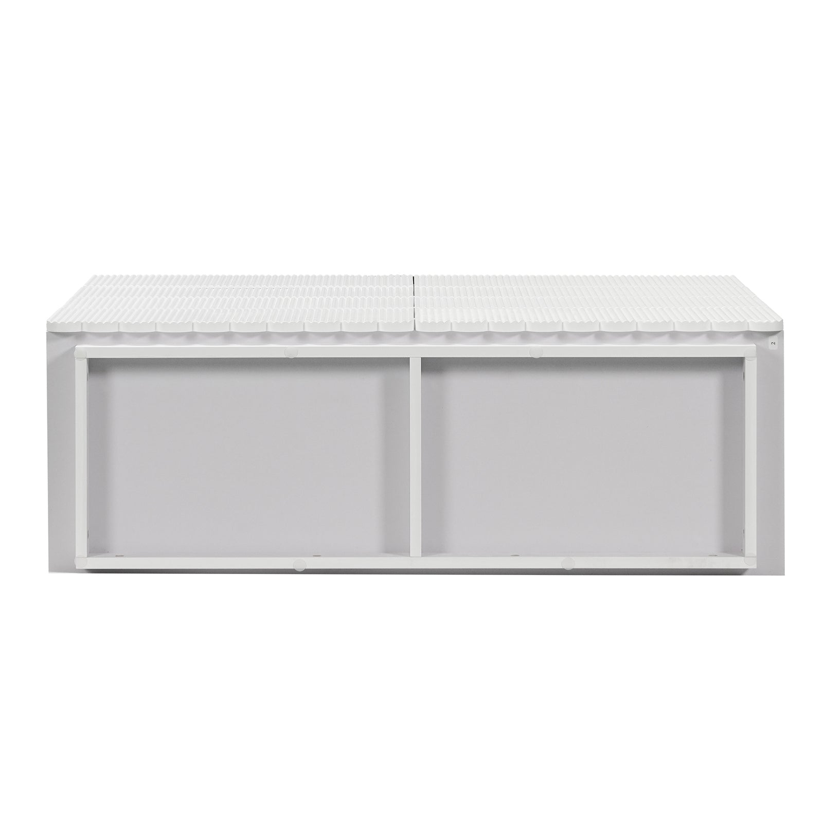 Nasrin 120cm Lowboy Dresser with Drawers in White features two white corrugated-top modules on a sleek white metal frame, offering modern storage elegance with ribbed lids and exposed support structure.