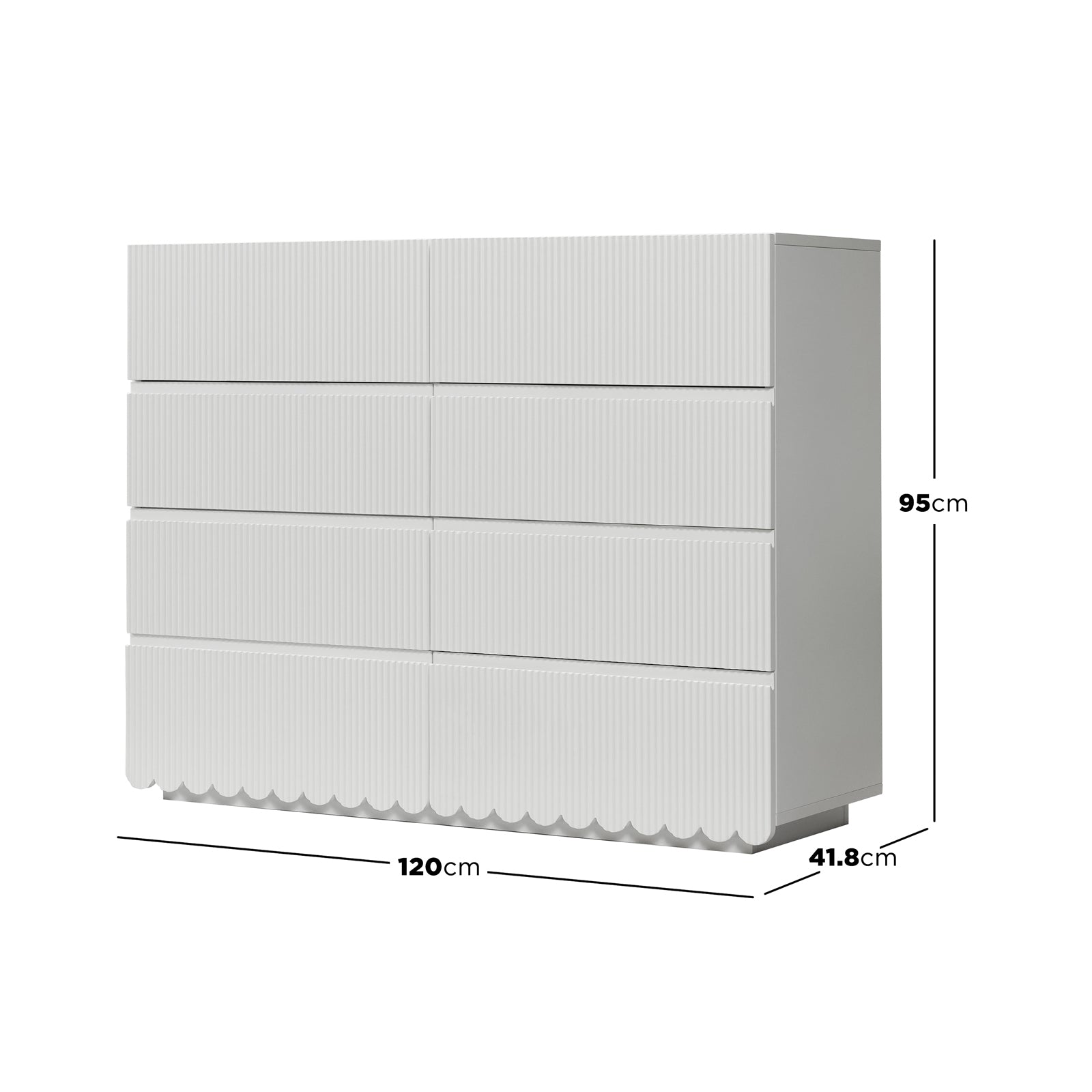 Nasrin 120cm Lowboy Dresser with Drawers in White features eight fluted-texture drawers, two columns of four, scalloped bottom edge, and dimensions overlay: 120cm width, 95cm height, 41.8cm depth.
