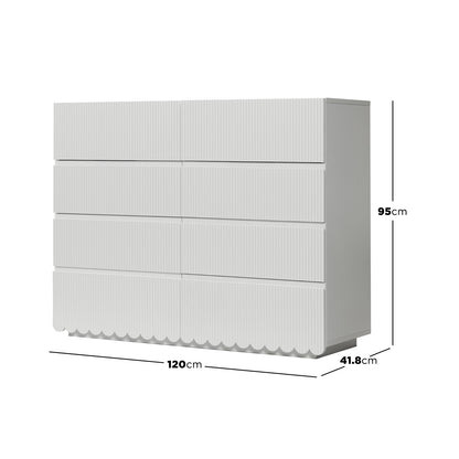 Nasrin 120cm Lowboy Dresser with Drawers in White features eight fluted-texture drawers, two columns of four, scalloped bottom edge, and dimensions overlay: 120cm width, 95cm height, 41.8cm depth.