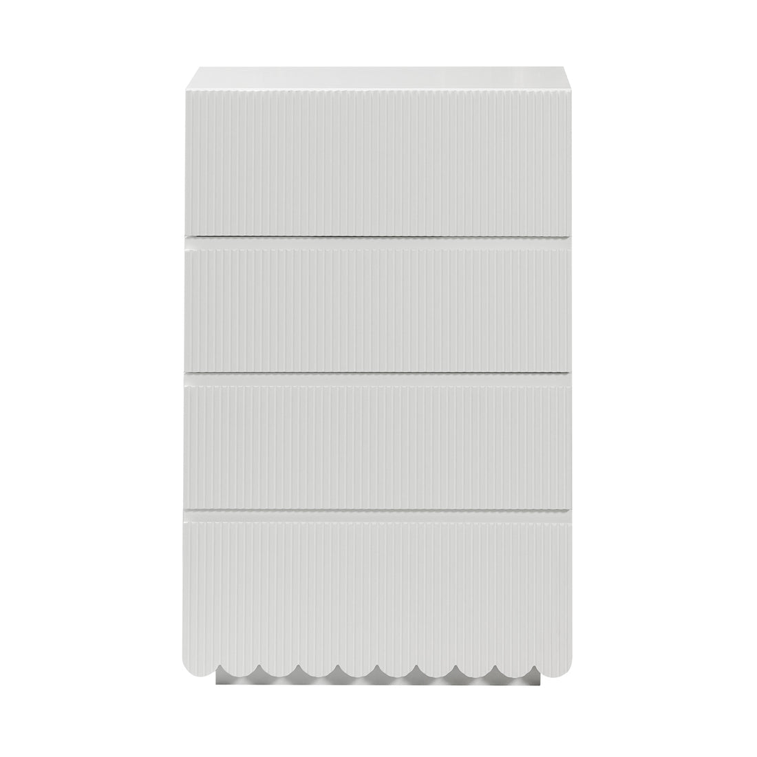 Nasrin 60cm Tallboy Dresser with Drawers in White, featuring four horizontal drawers with vertical ribbed fronts and scalloped bottom trim, offers sleek storage with a refined, modern design.