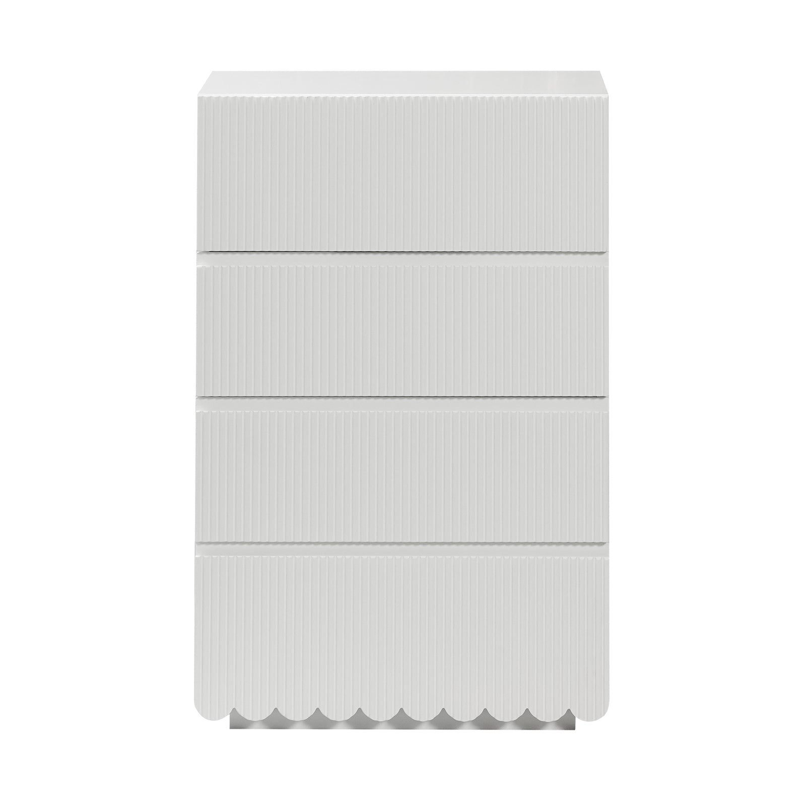 Nasrin 60cm Tallboy Dresser with Drawers in White, featuring four horizontal drawers with vertical ribbed fronts and scalloped bottom trim, offers sleek storage with a refined, modern design.