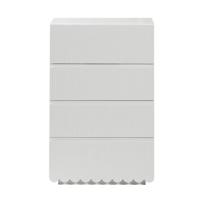 Nasrin 60cm Tallboy Dresser with Drawers in White, featuring four horizontal drawers with vertical ribbed fronts and scalloped bottom trim, offers sleek storage with a refined, modern design.