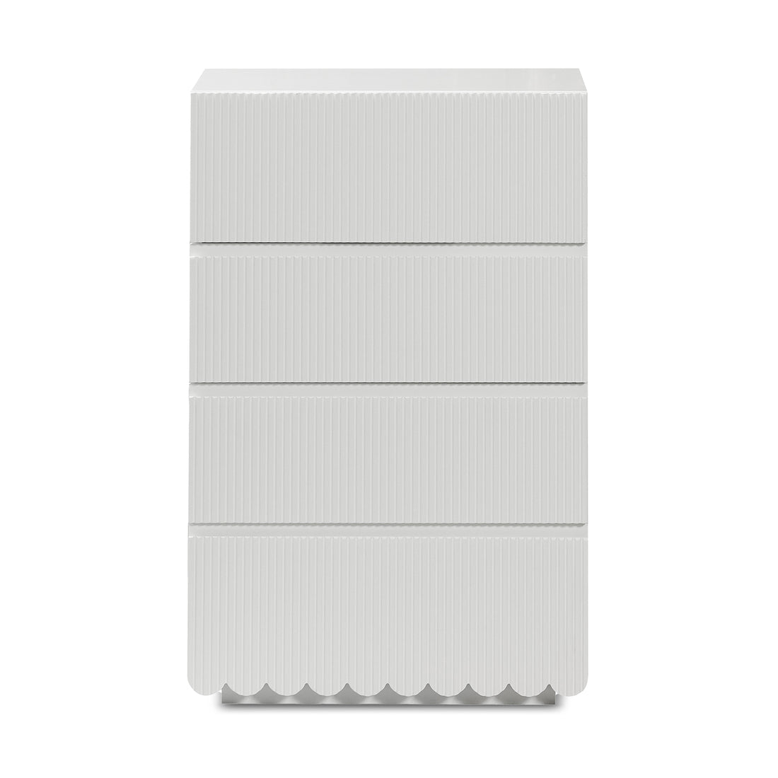 Nasrin 60cm Tallboy Dresser with Drawers in White features five drawers with vertical ridges and scalloped trim, combining elegance and functionality in a sleek design.