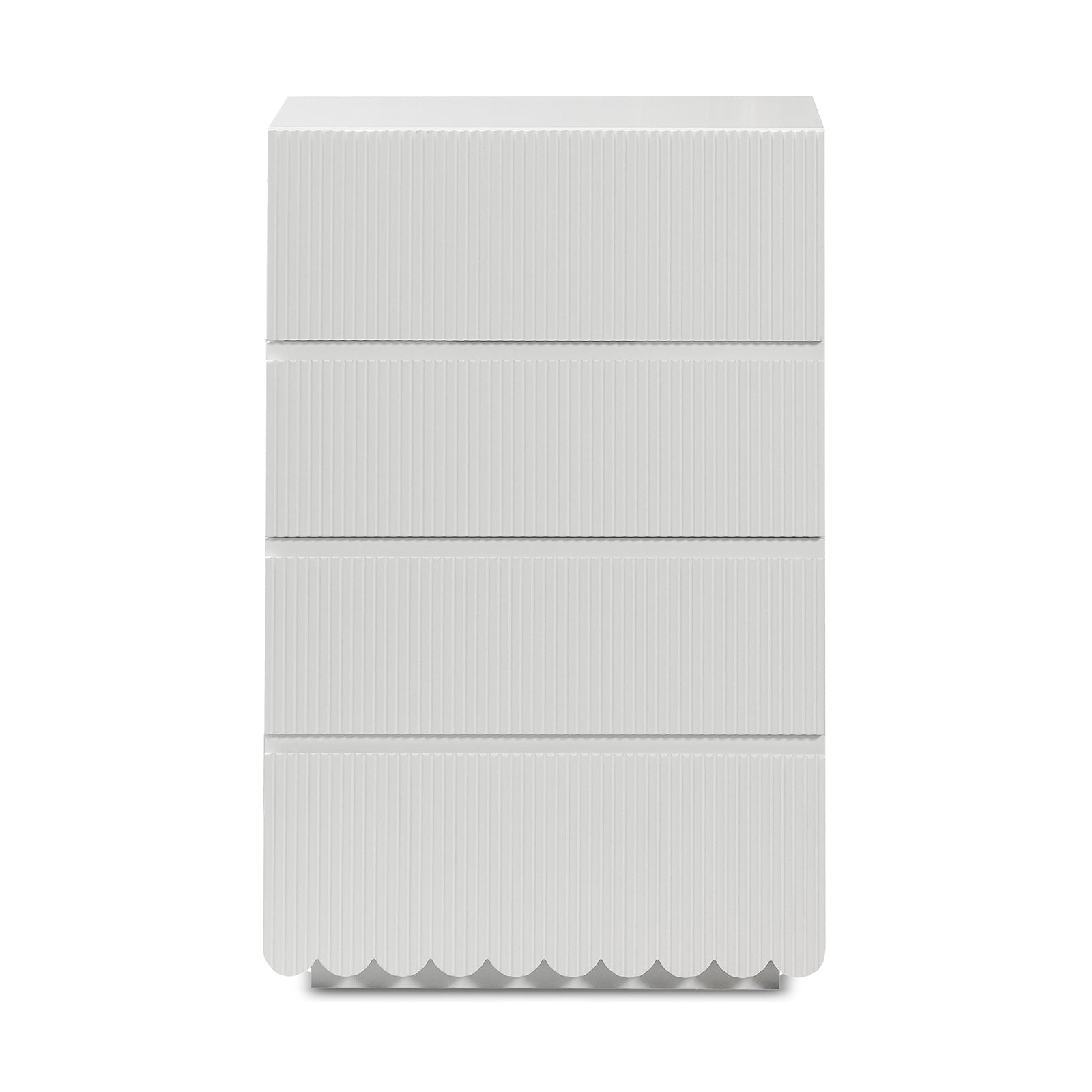 Nasrin 60cm Tallboy Dresser with Drawers in White features five drawers with vertical ridges and scalloped trim, combining elegance and functionality in a sleek design.