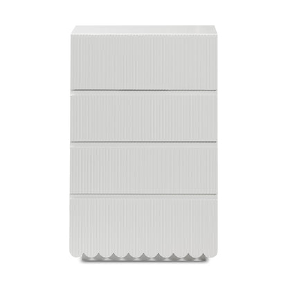 Nasrin 60cm Tallboy Dresser with Drawers in White features five drawers with vertical ridges and scalloped trim, combining elegance and functionality in a sleek design.