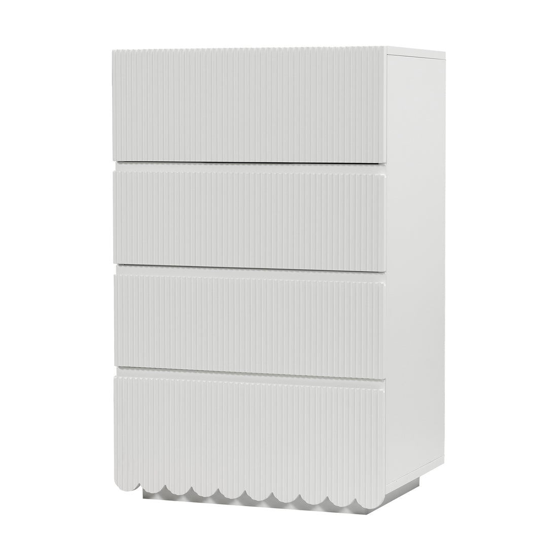 Nasrin 60cm Tallboy Dresser - White features a modern design with four drawers, matte white finish, vertical-ribbed texture, scalloped skirt, and recessed plinth, appearing to float above the floor.