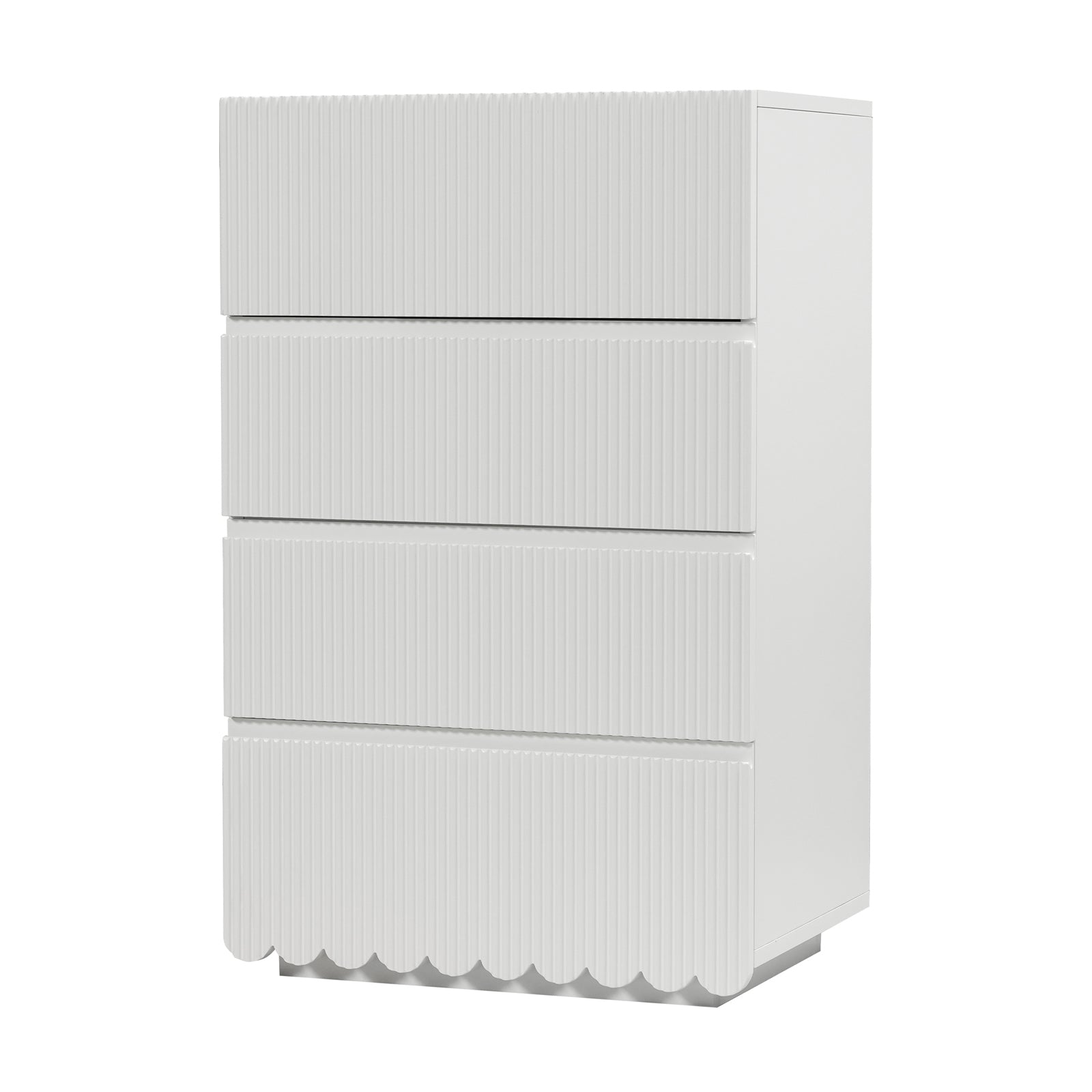 Nasrin 60cm Tallboy Dresser - White features a modern design with four drawers, matte white finish, vertical-ribbed texture, scalloped skirt, and recessed plinth, appearing to float above the floor.