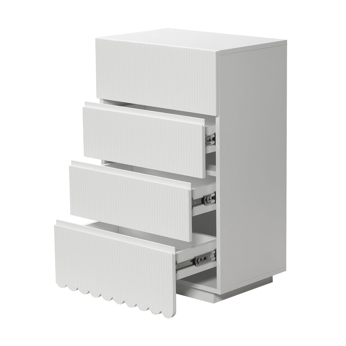 Nasrin 60cm Tallboy Dresser in White, featuring four partially open drawers with vertical ribbed details and visible metal runners, offering a modern storage solution for bedrooms or offices.