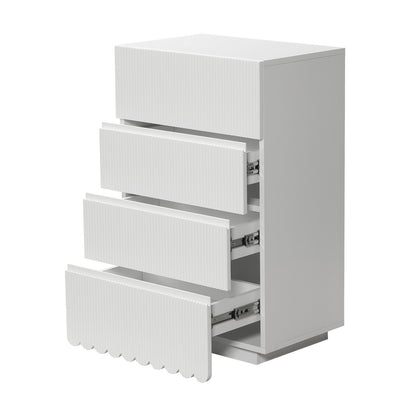 Nasrin 60cm Tallboy Dresser in White, featuring four partially open drawers with vertical ribbed details and visible metal runners, offering a modern storage solution for bedrooms or offices.