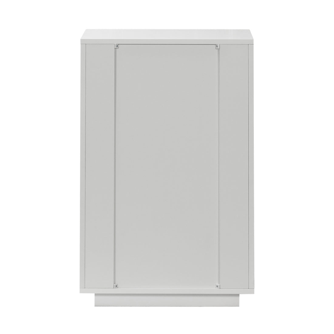 Nasrin 60cm Tallboy Dresser with Drawers in White, featuring a paneled front, set on a plinth base. Offers a sleek, minimalist design with four spacious drawers for modern storage.