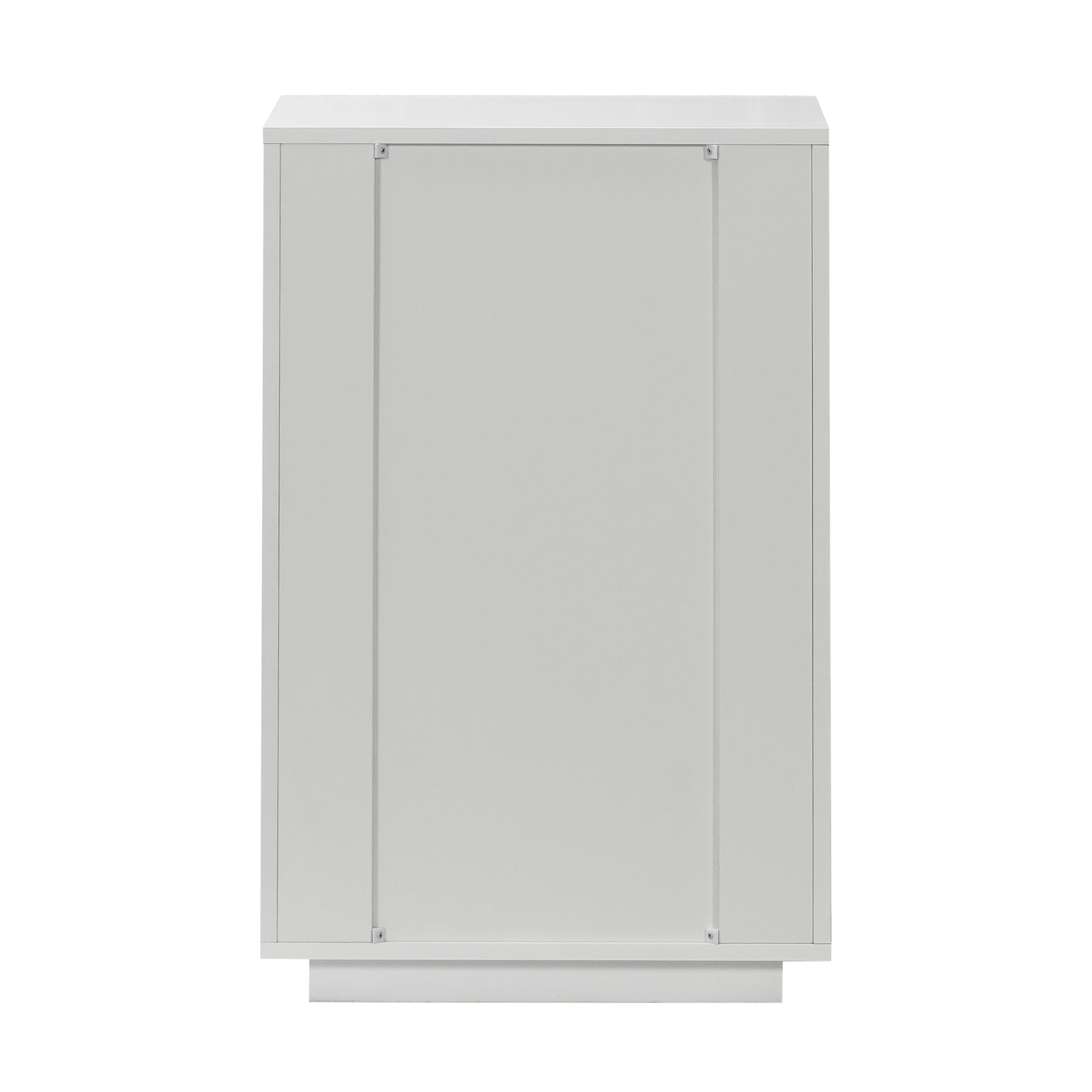 Nasrin 60cm Tallboy Dresser with Drawers in White, featuring a paneled front, set on a plinth base. Offers a sleek, minimalist design with four spacious drawers for modern storage.