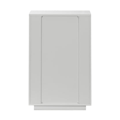 Nasrin 60cm Tallboy Dresser with Drawers in White, featuring a paneled front, set on a plinth base. Offers a sleek, minimalist design with four spacious drawers for modern storage.