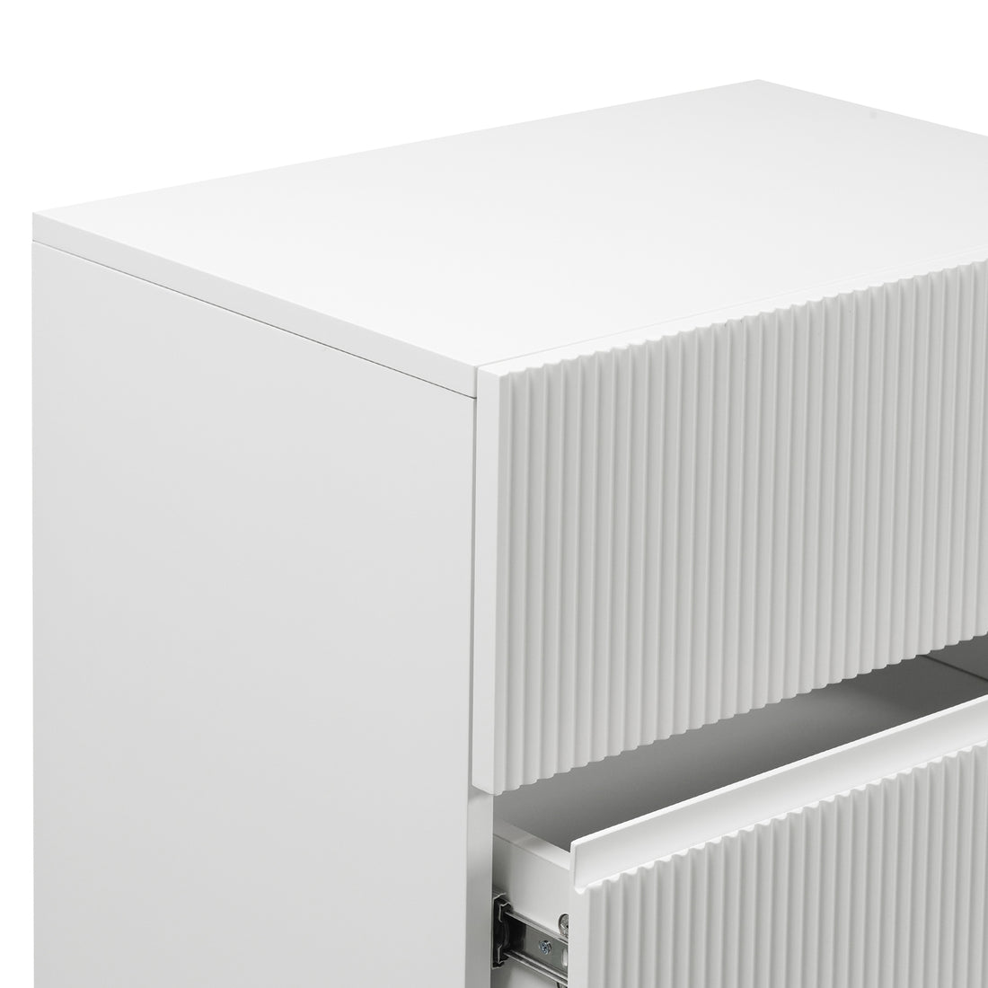 Nasrin 60cm Tallboy Dresser with Drawers in White, features a matte-white finish with fluted drawer fronts, showcasing two metal slide drawers, one partially open, highlighting its sleek, modern design.