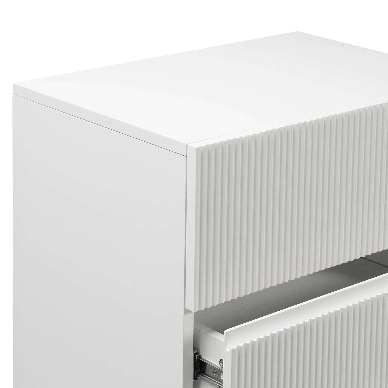 Nasrin 60cm Tallboy Dresser with Drawers in White, features a matte-white finish with fluted drawer fronts, showcasing two metal slide drawers, one partially open, highlighting its sleek, modern design.