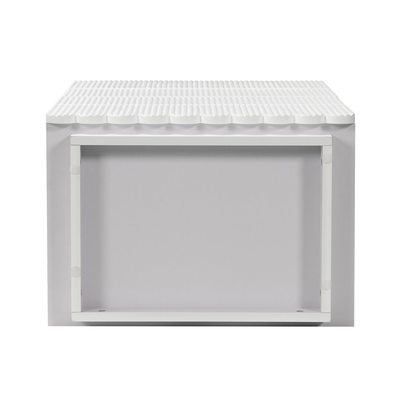 Nasrin 60cm Tallboy Dresser with Drawers in White, featuring a box shape, white corrugated top, light gray front, white frame, and designed for sleek, modern storage with scallop-inspired edges.