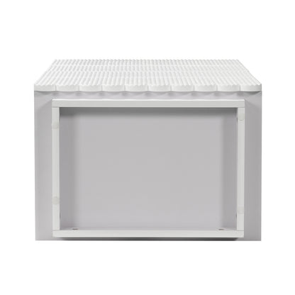 Nasrin 60cm Tallboy Dresser with Drawers in White, featuring a box shape, white corrugated top, light gray front, white frame, and designed for sleek, modern storage with scallop-inspired edges.