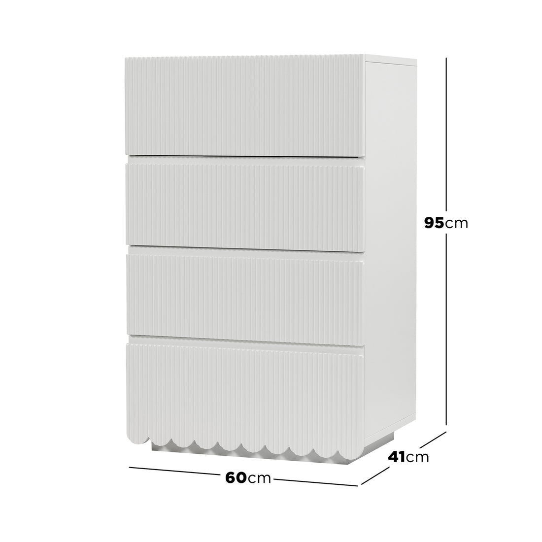 Nasrin 60cm Tallboy Dresser with Drawers in White features a free-standing design with four vertically-ribbed drawers and scalloped bottom edge, measuring 60cm wide, 41cm deep, and 95cm tall.