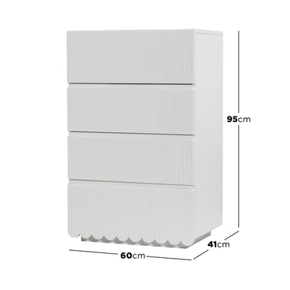 Nasrin 60cm Tallboy Dresser with Drawers in White features a free-standing design with four vertically-ribbed drawers and scalloped bottom edge, measuring 60cm wide, 41cm deep, and 95cm tall.