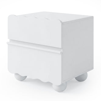 White modern nightstand with wavy drawer fronts on white background