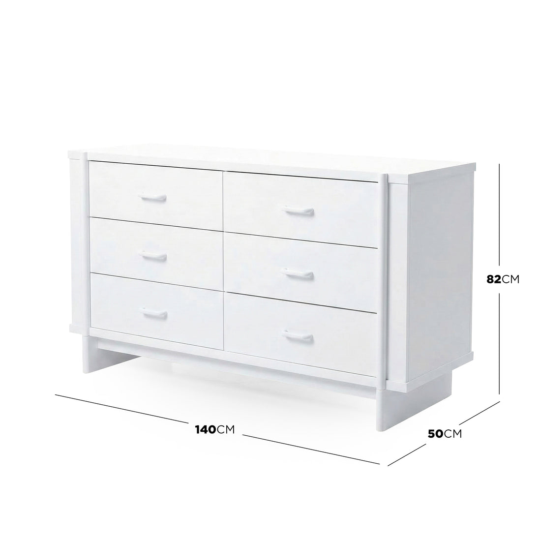 White six-drawer dresser on white background with dimension annotations
