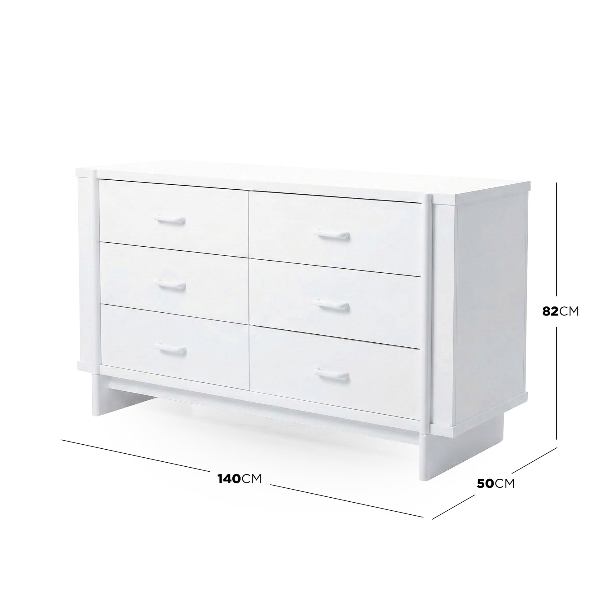 White six-drawer dresser on white background with dimension annotations