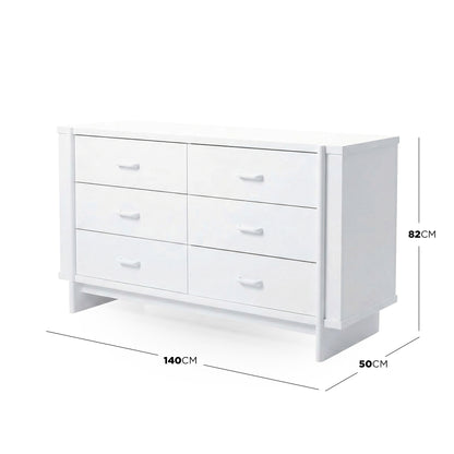 White six-drawer dresser on white background with dimension annotations