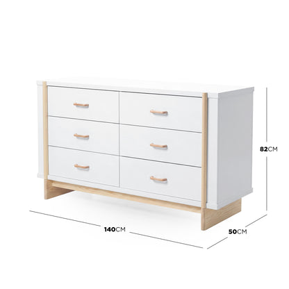 Six-drawer dresser on white background with black dimension lines and measurements