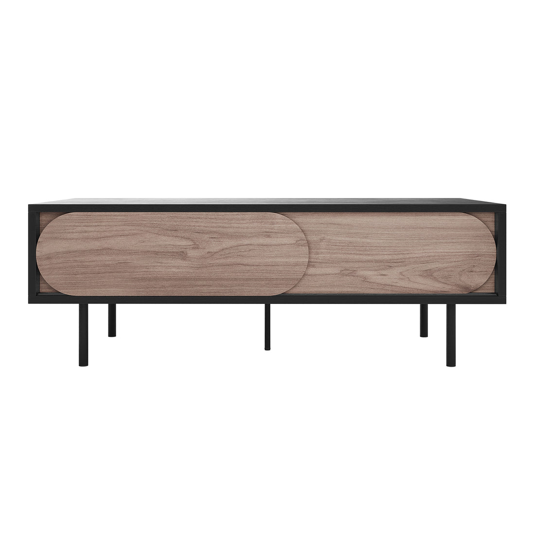 Novia 120cm Coffee Table with Sliding Doors in Black features a modern design with slim black metal legs and light-stained wood panels with elongated ovals, ideal for stylish living room storage.