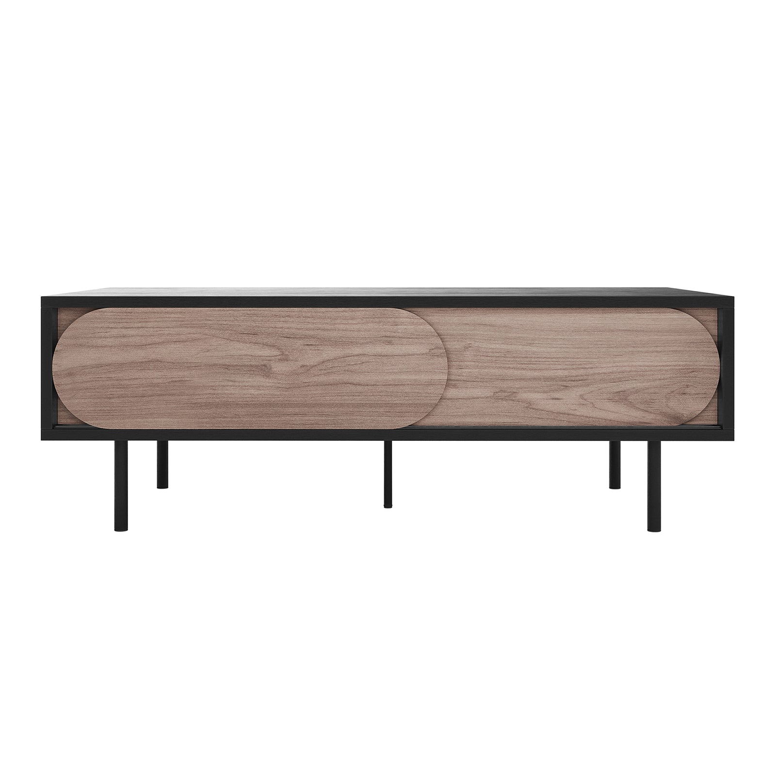 Novia 120cm Coffee Table with Sliding Doors in Black features a modern design with slim black metal legs and light-stained wood panels with elongated ovals, ideal for stylish living room storage.