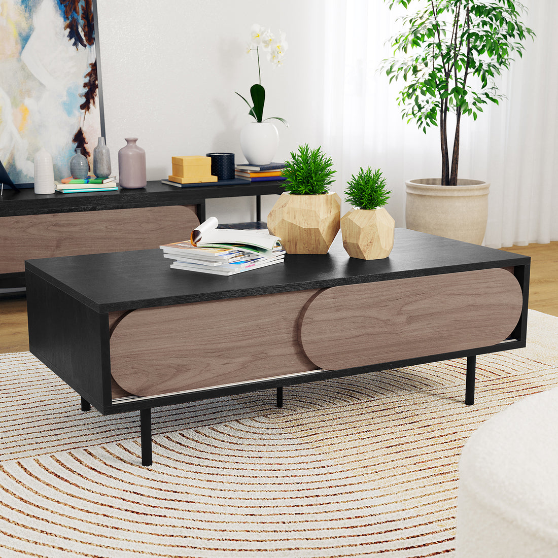 Novia 120cm Coffee Table with Sliding Doors in Black features a sleek design with rounded-corner wooden panels, geometric planters, and magazines on top, set in a modern, minimalist living room.