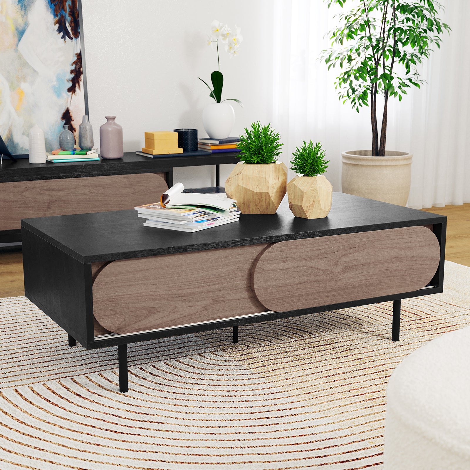 Novia 120cm Coffee Table with Sliding Doors in Black features a sleek design with rounded-corner wooden panels, geometric planters, and magazines on top, set in a modern, minimalist living room.