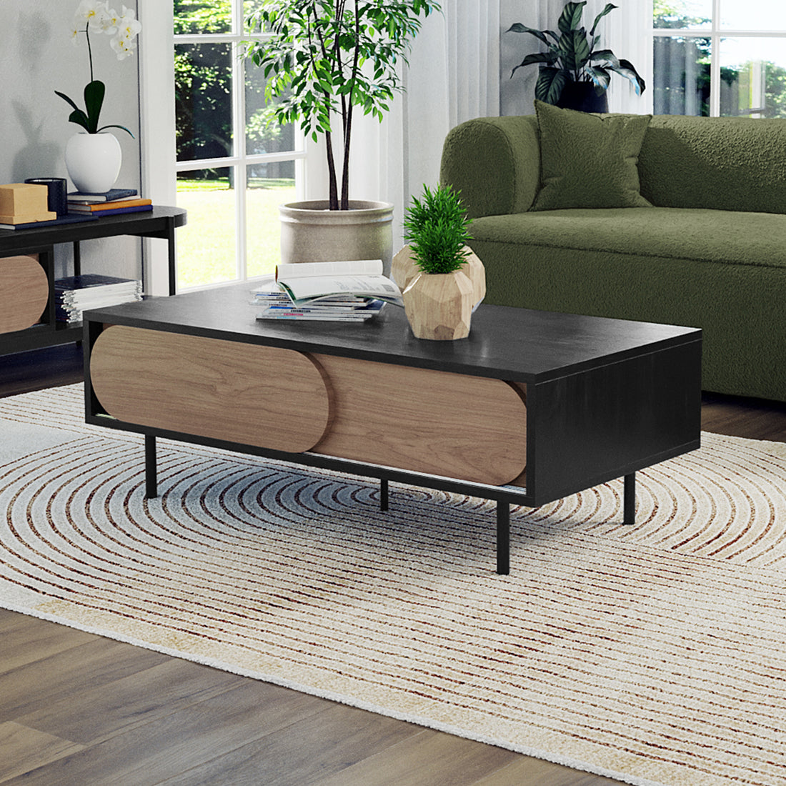 Novia 120cm Coffee Table with Sliding Doors in Black features a sleek design with matte-wood sliding doors, slim black legs, and a geometric wooden planter, enhancing the modern living-room ambiance.