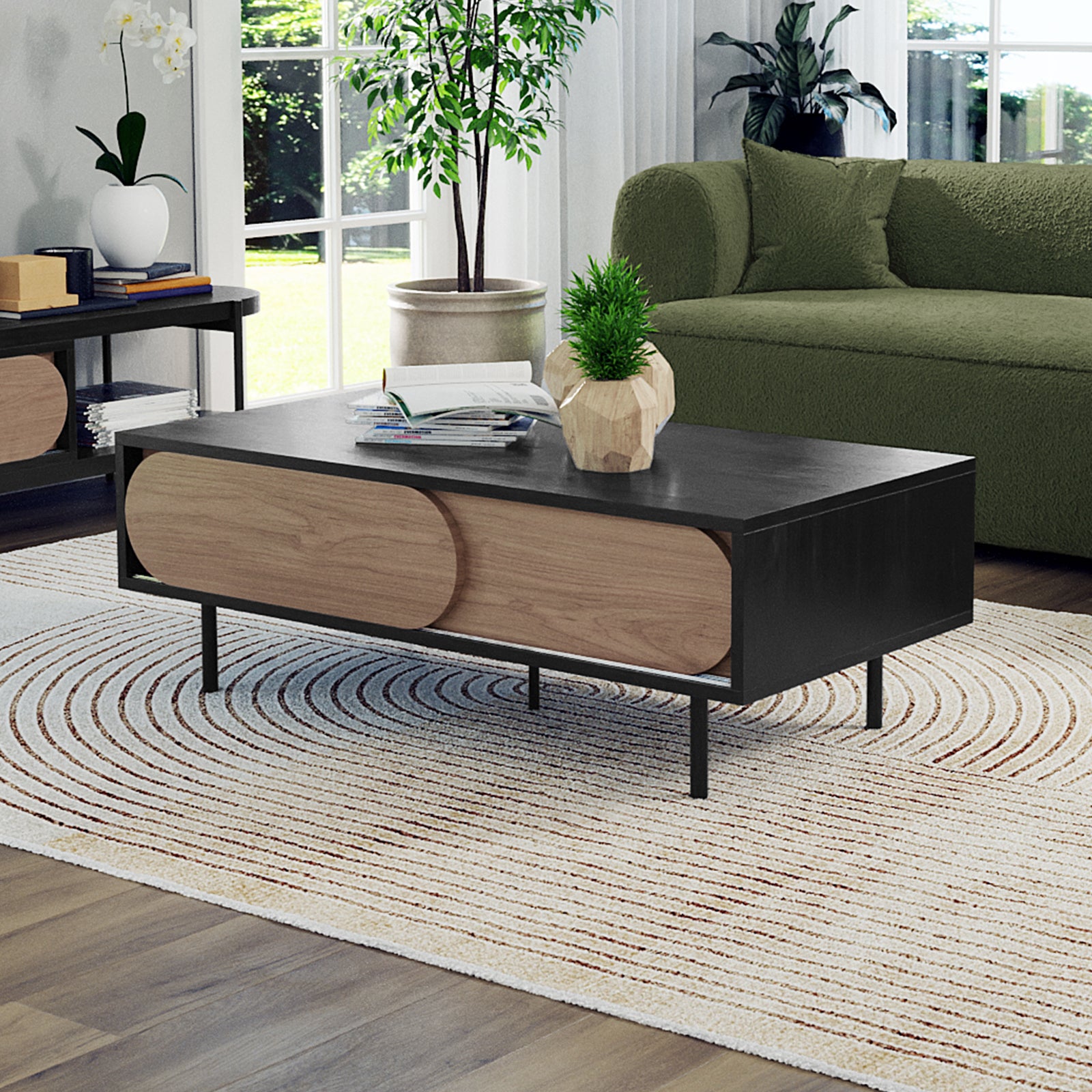 Novia 120cm Coffee Table with Sliding Doors in Black features a sleek design with matte-wood sliding doors, slim black legs, and a geometric wooden planter, enhancing the modern living-room ambiance.
