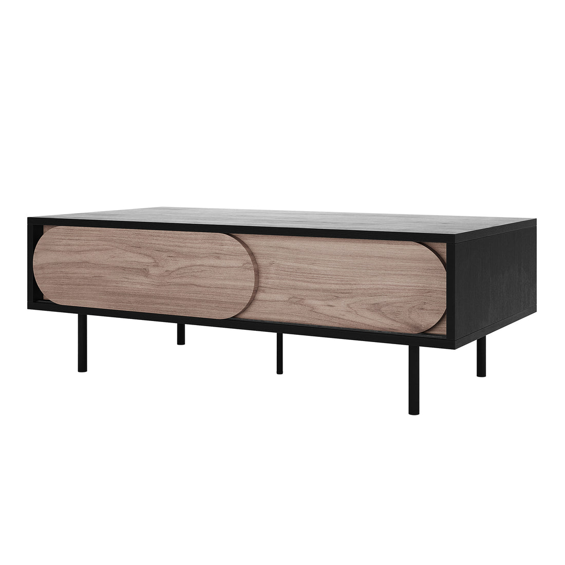 Novia 120cm Coffee Table with Sliding Doors in Black, featuring a sleek rectangular frame on slim legs, light wood sliding panels with rounded ends for concealed storage and a modern, elegant design.