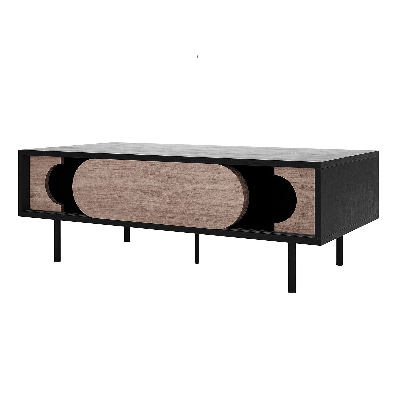 Novia 120cm Coffee Table with Sliding Doors features a matte-black frame, slender legs, and a walnut-finished sliding panel with cut-outs revealing storage cubby, enhancing modern elegance and functionality.