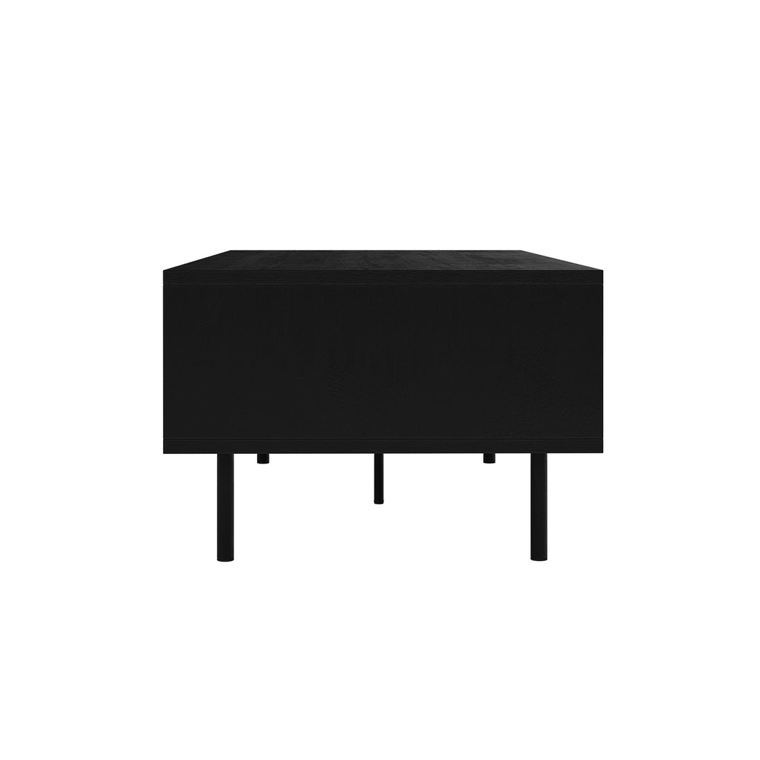 Novia 120cm Coffee Table with Sliding Doors in Black features a minimalist design with a low rectangular shape, sliding doors, and slim metal legs, perfect for modern storage solutions.