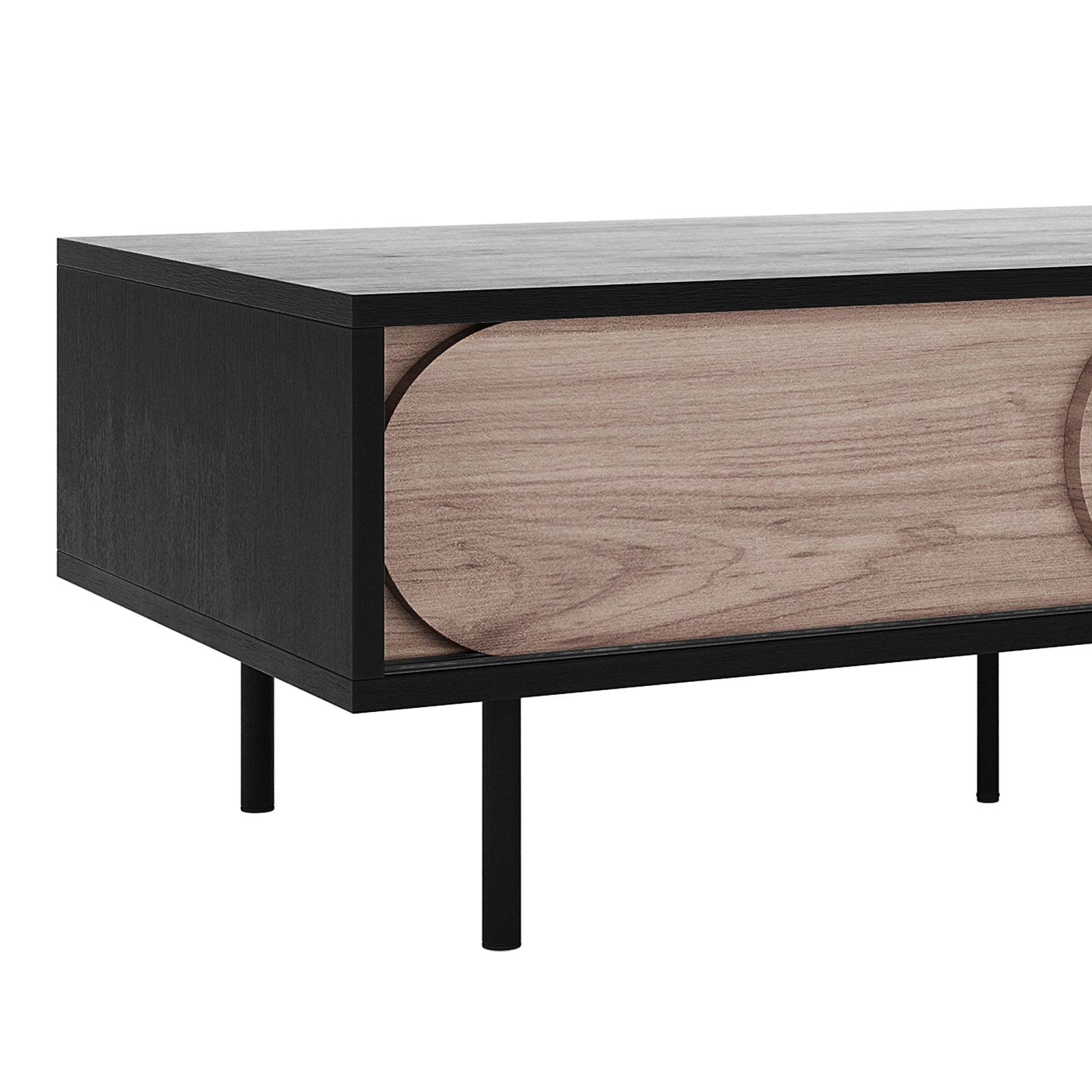 Novia 120cm Coffee Table with Sliding Doors features a sleek black frame, light wood sliding doors, and slim metal legs, embodying minimalist design with practical, divided storage compartments for a chic living room upgrade.