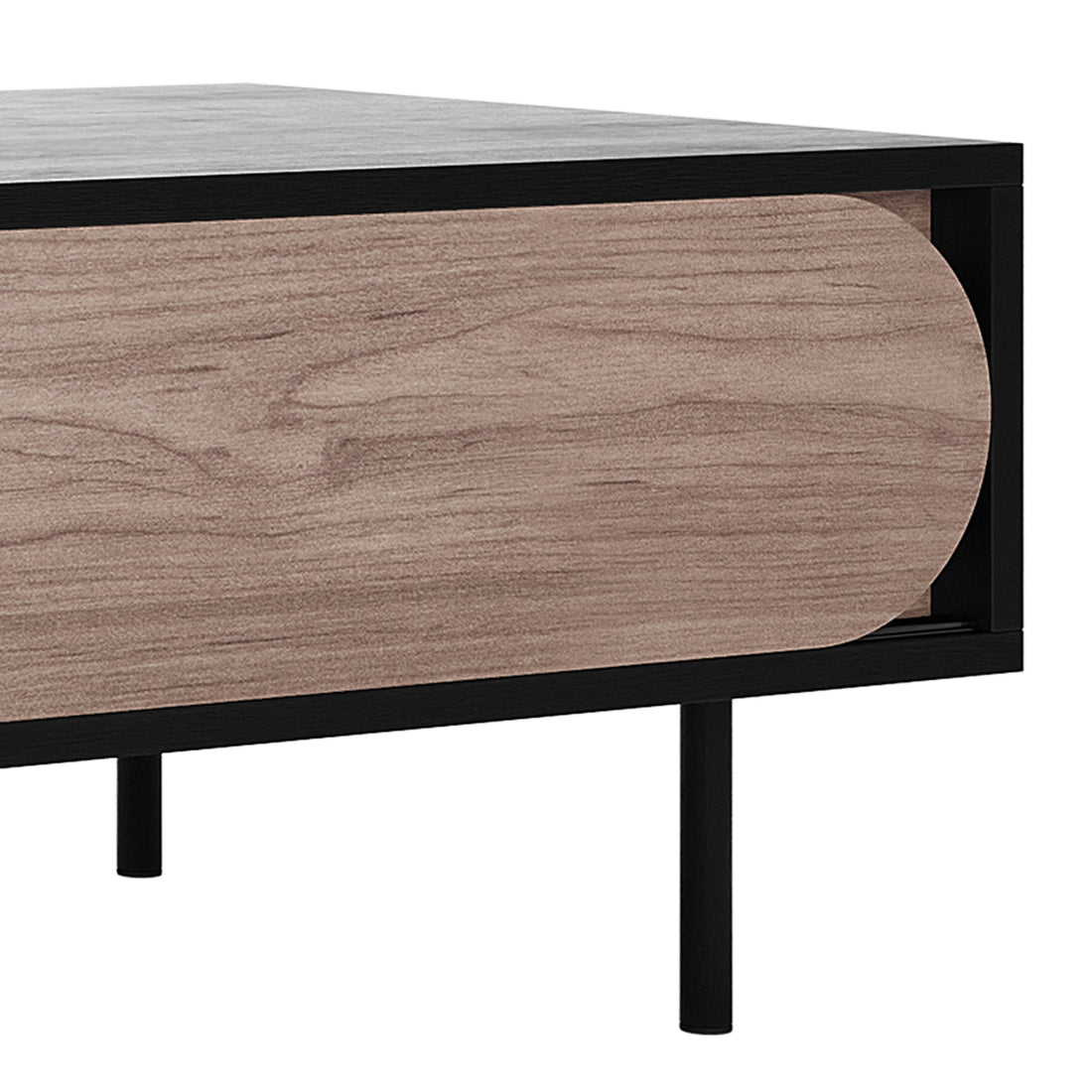 Novia 120cm Coffee Table with Sliding Doors in Black, featuring sleek black metal frame and slender legs, supports a light wood veneer panel with softly rounded corners, showcasing modern elegance and practical storage.