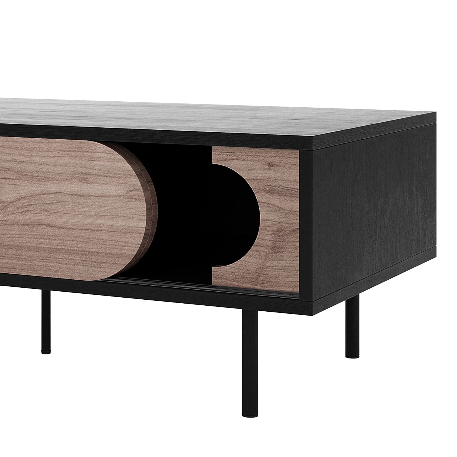 Novia 120cm Coffee Table with Sliding Doors in Black, featuring a matte finish, black metal legs, and a wood-grain front panel with a half-circle handle, concealing a spacious storage compartment.