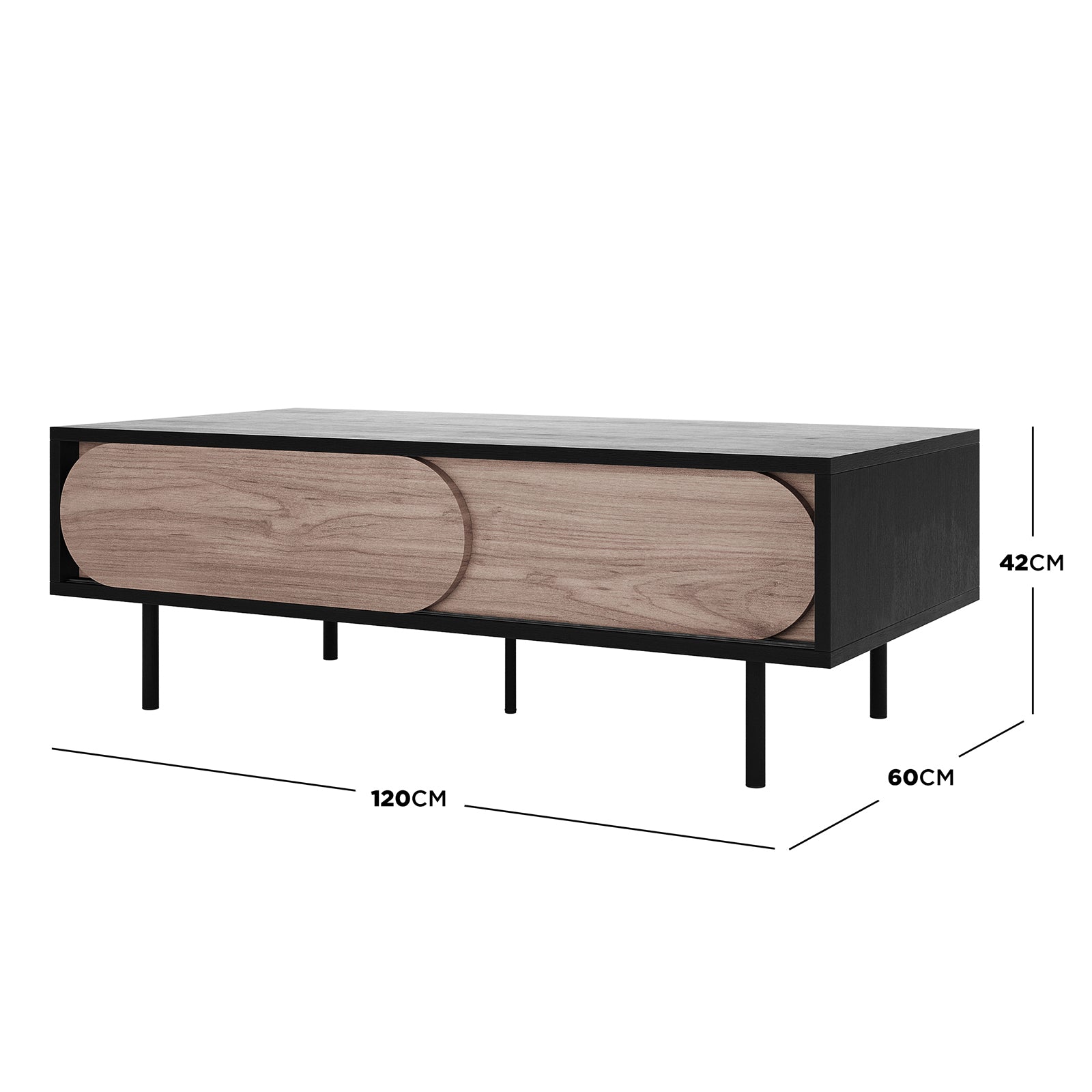 Novia 120cm Coffee Table with Sliding Doors in Black features a rectangular frame, slim cylindrical legs, and light-wood sliding doors with oval shapes, measuring 120x60x42cm, offering chic functionality and storage.
