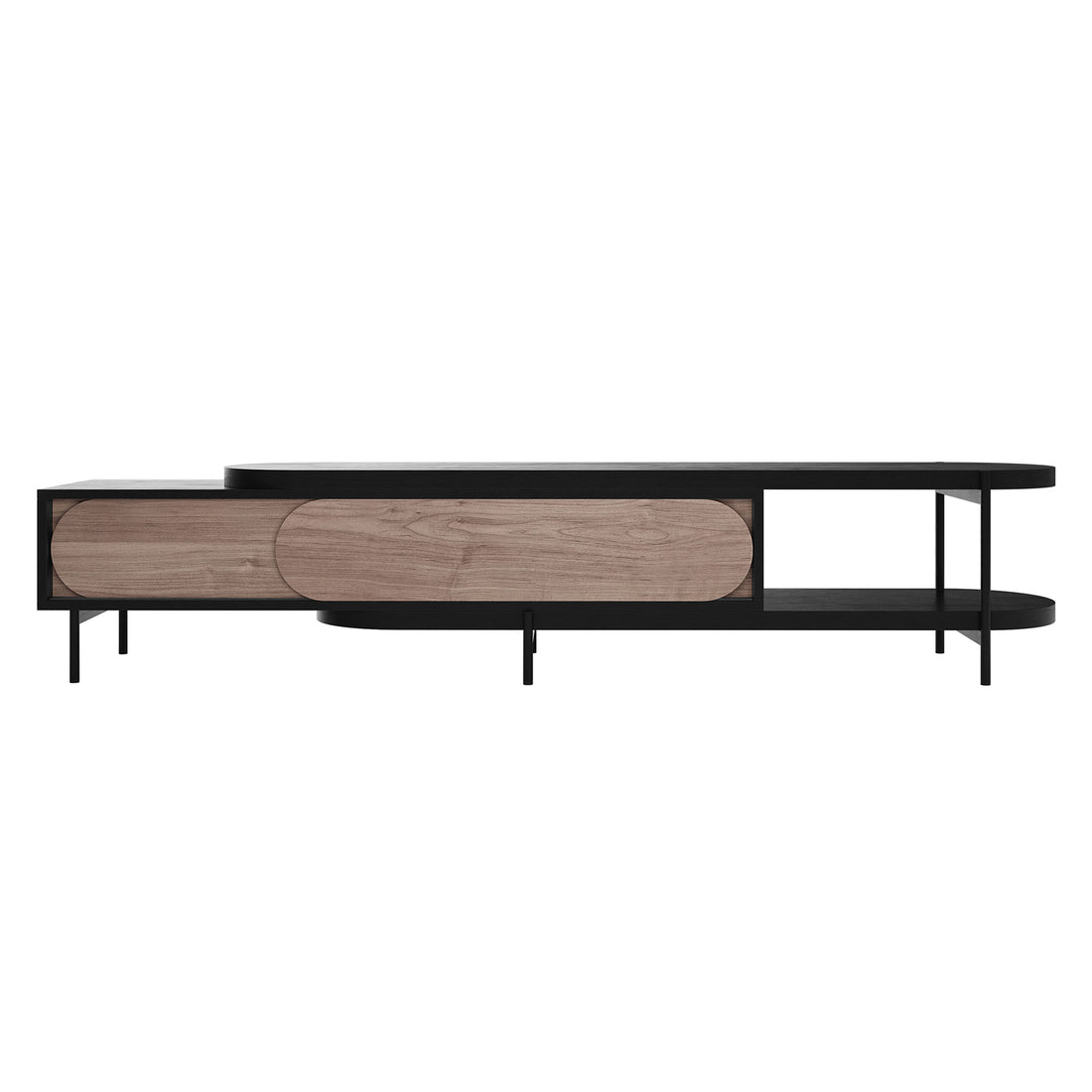Novia 220-270cm Extendable Entertainment TV Unit in Black, featuring a sleek black surface, black metal frame, light walnut sliding doors, open shelf, and curved edges for modern versatility.
