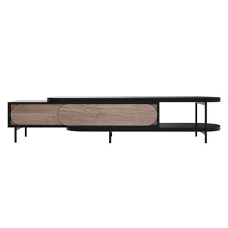 Novia 220-270cm Extendable Entertainment TV Unit in Black, featuring a sleek black surface, black metal frame, light walnut sliding doors, open shelf, and curved edges for modern versatility.