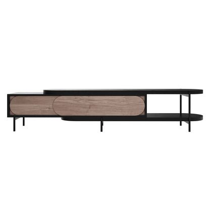 Novia 220-270cm Extendable Entertainment TV Unit in Black, featuring a sleek black surface, black metal frame, light walnut sliding doors, open shelf, and curved edges for modern versatility.